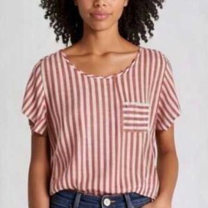 Christian Siriano Coral and White Linen Short Sleeve Top